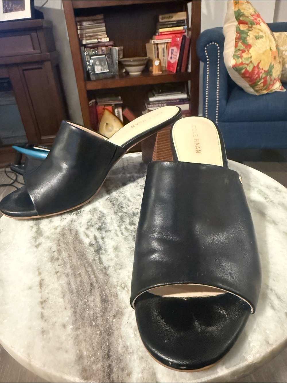 Cole Haan Black Leather Open-Toe Mule Heels with Stacked Heel